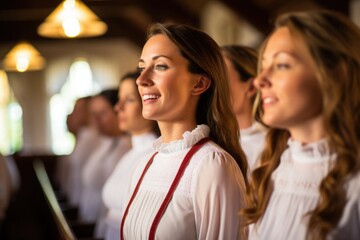 Smiling women in white clothes stand and sing in a church choir during a religious event