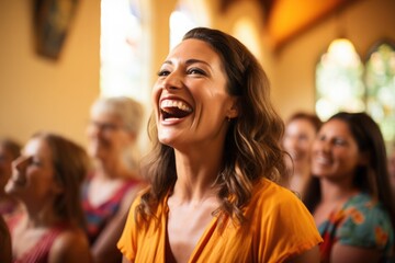 A happy laughing woman in a church. Warm and welcoming atmosphere. - obrazy, fototapety, plakaty