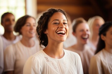 Obraz premium Happy young woman in church. The power of community