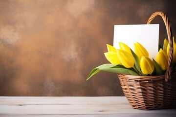 Blank white card mockup in wicker basket with yellow tulips standing on wooden table with brown textured background