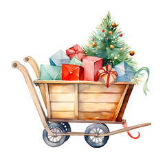 watercolor gift boxes in trolley, watercolor illustration