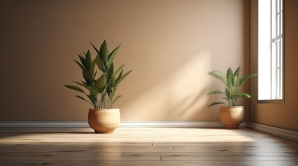Fototapeta na wymiar Empty room interior background, beige wall, pot with plant. Generative Ai