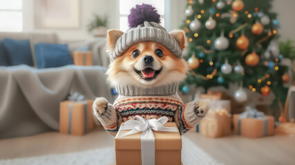 Cute dog with the gift box in living room on christmas background.