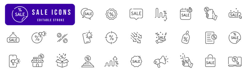 Sale offer signs. Line icon set. Shopping, tag, discount, buying, offer, price symbols. Editable stroke
