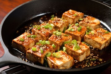 tofu steaks in a cast-iron skillet, sizzling in teriyaki sauce