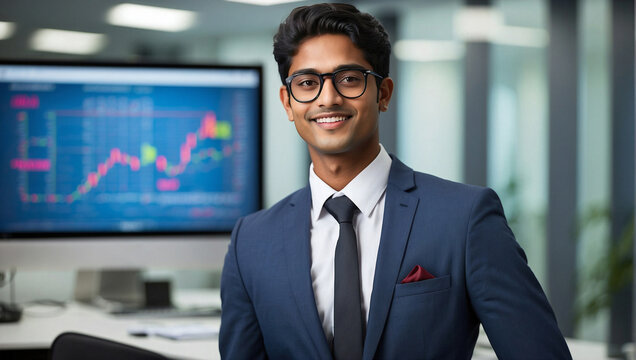 Bellissimo giovane uomo di origini indiane in ufficio con vestito elegante davanti ad un grafico degli andamenti delle azioni in borsa