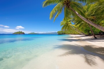 a pristine tropical beach with palm trees and crystal blue water