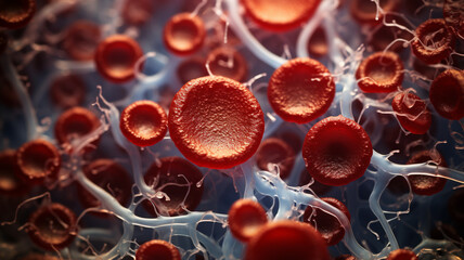 red blood erythrocytes and cholesterol in a blood Vessel macro photo medical biology concept banner.