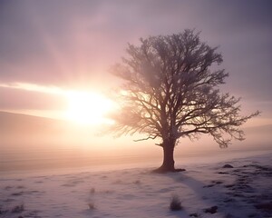Baum auf einem Feld im Winter / Wintersonne scheint auf einen einsamen Baum / Winter Wallpaper / Winter Landschafts Poster / Ai-Ki  - obrazy, fototapety, plakaty