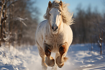 a horse running in the snow