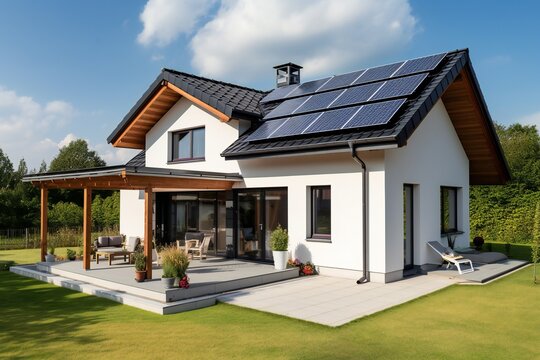 New suburban house with a photovoltaic system on the roof. Modern eco friendly passive house with landscaped yard. Solar panels on the gable roof 