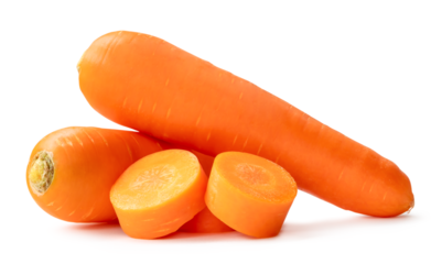 Two fresh orange carrots with slices in stack isolated on white background with clipping path and shadow in png file format Close up of healthy vegetable root