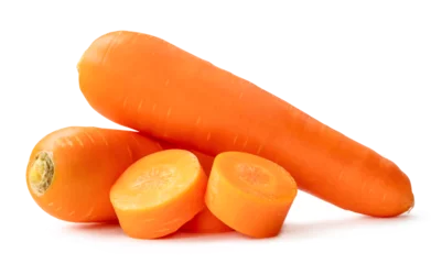 Fototapete Two fresh orange carrots with slices in stack isolated on white background with clipping path and shadow in png file format Close up of healthy vegetable root © nathamag11