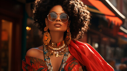 portrait of beautiful young brunette woman wearing stylish sunglasses and colorful clothes.