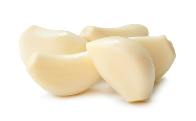 Peeled garlic cloves in stack isolated on white background with clipping path