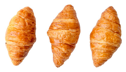 Top view of three separated fresh croissants in set isolated on white background with clipping path in png file format. Set or collection of croissants