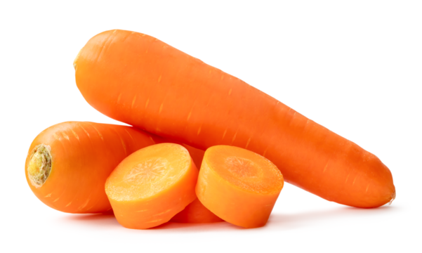 Two fresh orange carrots with slices in stack isolated on white background with clipping path and shadow in png file format Close up of healthy vegetable root