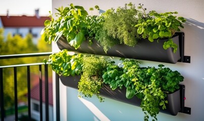 Balcony herb garden concept. Modern vertical lush herb garden planter bags hanging on city apartment balcony wall, with planter boxes pots of basil, mint, rosemary thyme growing in urban environment