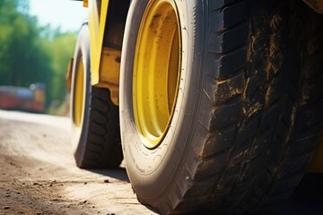 close-up of a yellow dump truck tire
