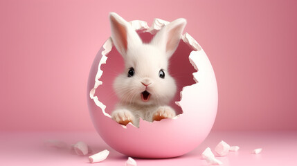 cute little rabbit in an eggshell on a pink background. Easter holiday concept. Generative AI
