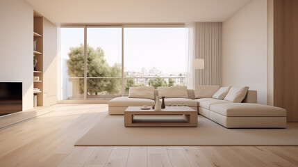 a minimalist apartment, empty house, 99% similarity to the original image, color palette: white, beige,logs color