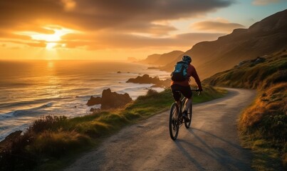 A cyclist pedals along a scenic coastal path with waves crashing in the background.  - obrazy, fototapety, plakaty