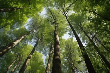 low-angle shot of towering trees with sprawling canopy