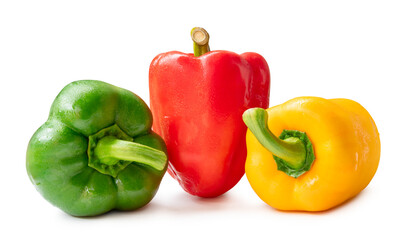 Three fresh beautiful wet bell pepper with drop isolated on white background with clipping path and shadow in png file format. Sweet paprika chili