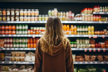 A woman comparing products in a grocery store, considering nutrition, prices, and ingredients, demonstrating informed consumer behavior - Powered by Adobe