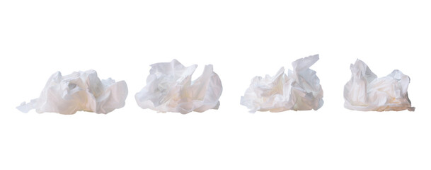 Set of white crumpled or screwed tissue paper after use in toilet or restroom isolated on white...