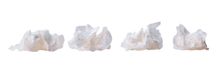 Set of white crumpled or screwed tissue paper after use in toilet or restroom isolated on white background with clipping path in png file format - obrazy, fototapety, plakaty