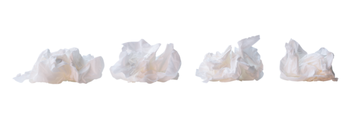 Set of white crumpled or screwed tissue paper after use in toilet or restroom isolated on white background with clipping path in png file format