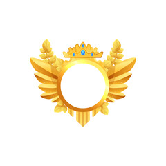 Glowing round gold medal with light and sparkles on dark background.