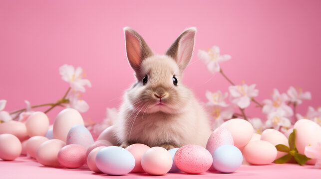 Cute rabbit and colorful Easter eggs. top view.Generative AI