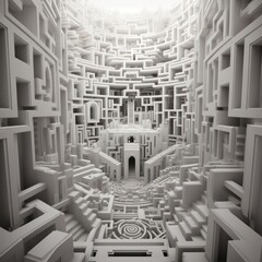 Escher-inspired 3d visual of a complex architectural maze with endless hallways and staircases