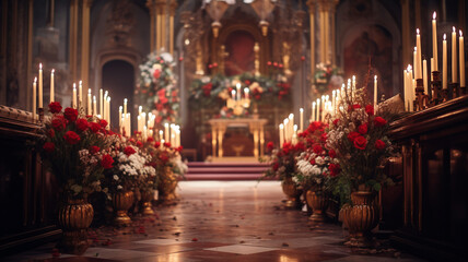 Fototapeta na wymiar Christmas service beautiful church orthodox catholic decoration with burning candles, flowers. Ancient vintage old architecture.
