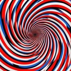 Vibrant red and blue stripes create a hypnotic swirling optical illusion