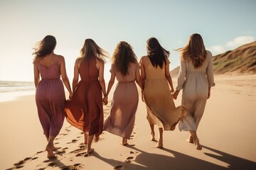 Group of female friends enjoy taking a walk together on the beach