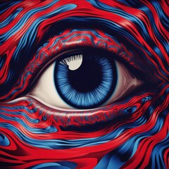 A detailed eye is surrounded by flowing red and blue brushstrokes, creating a fluid-like illusion