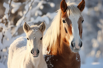 mother horse and her calf in the snow