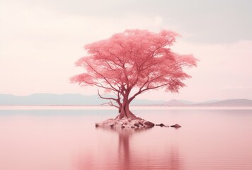 Tranquil scene of a cherry blossom tree on a small island, displayed in soft pink hues with a calm lake