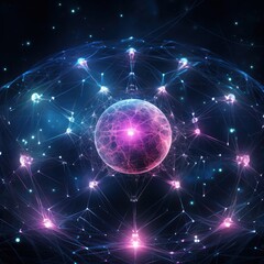 Highly detailed 3d render of a luminous purple sphere with an interconnected network on a dark background