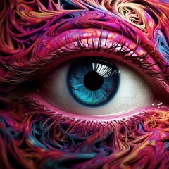 Vibrant abstract lines flow around a deeply blue eye in a mesmerizing display of digital artistry