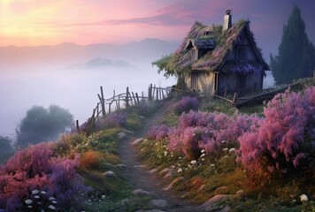Magical scene of a thatched cottage amid blooming flowers with a mist-covered mountain landscape