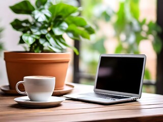 cup of coffee and laptop on the table
