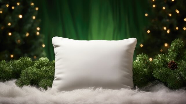 an empty white pillow resting on a fluffy green carpet, the scene with Christmas spirit, all while maintaining a modern minimalist style, inviting viewers to imagine their own holiday comfort.