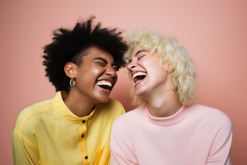 Two interracial best friends laughing and having a good time together in a studio
