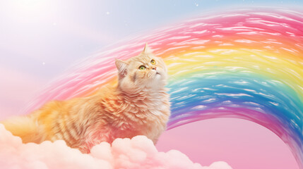 Whimsical Soar: Flying Cat Trails a Rainbow in Abstract Ukiyo-e Fusion - 4K Hyper Quality