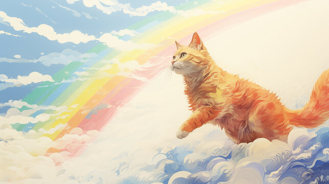 Whimsical Soar: Flying Cat Trails a Rainbow in Abstract Ukiyo-e Fusion - 4K Hyper Quality