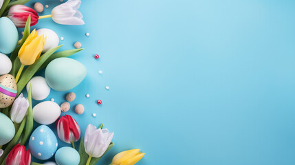A bouquet of delicate tulips on a light blue background. Holiday card, place for text.Generative AI